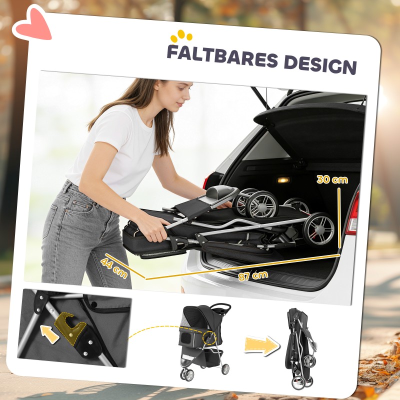 Taitettava lemmikkiratas pienille koirille ja kissoille, max 10 kg, säilytyskori, tummanharmaa