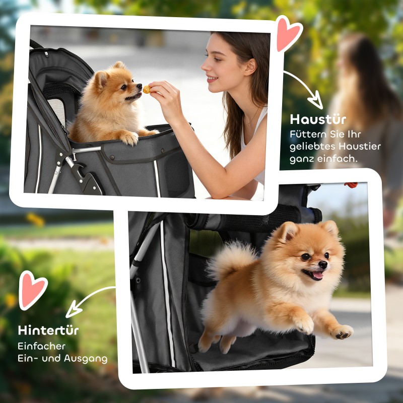 Taitettava lemmikkiratas pienille koirille ja kissoille, max 10 kg, säilytyskori, tummanharmaa