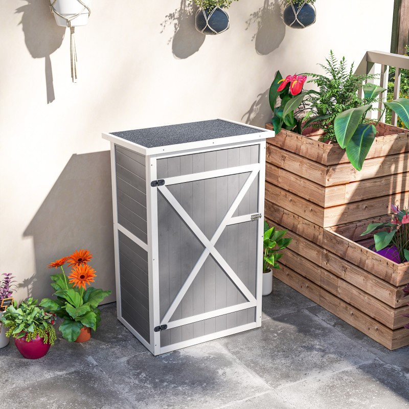 Säänkestävä harmaa puinen ulkokaappi hyllyillä 75 x 56 x 115 cm