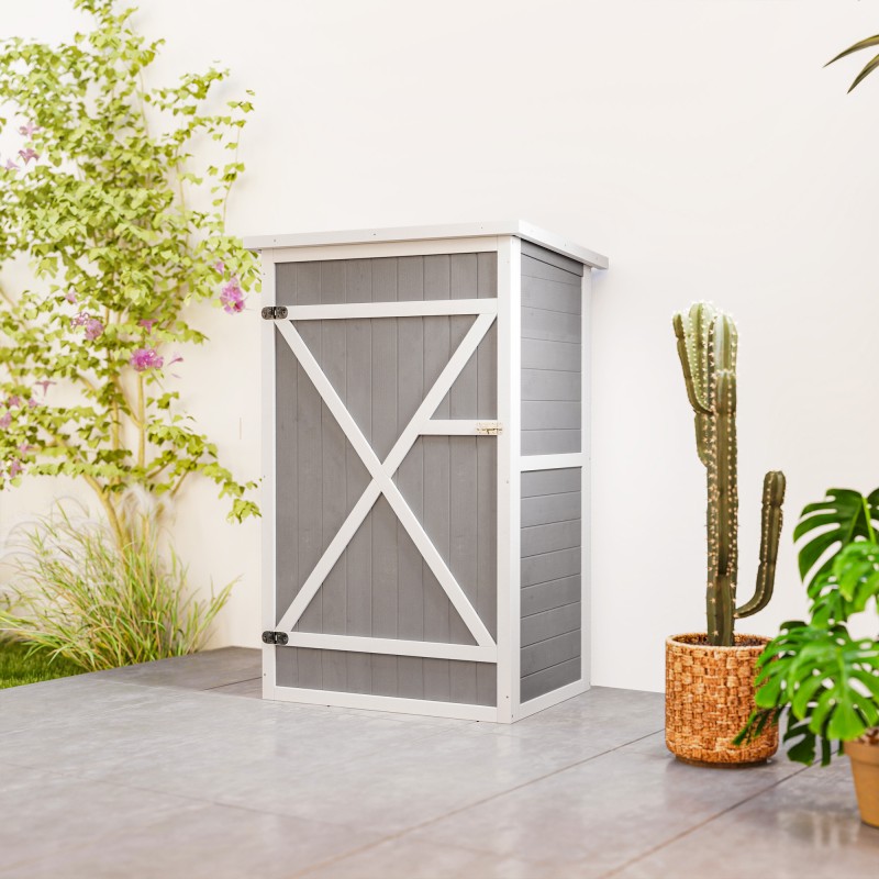 Säänkestävä harmaa puinen ulkokaappi hyllyillä 75 x 56 x 115 cm