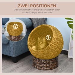 Kissan kori vesihyasintista tyynyllä, korotettu lemmikkisänky, ruskea/beige, 50 x 42 x 60 cm