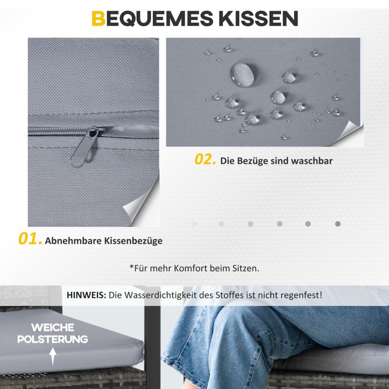 Polyrottinki puutarhakalustesetti 2 hengelle, 2 tuolia ja sohvapöytä tyynyillä, harmaa