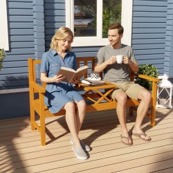 Ulkopenkki taitettavalla pöytätasolla, mäntypuu, 153 x 56 x 91 cm, vaaleanruskea