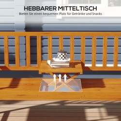 Ulkopenkki taitettavalla pöytätasolla, mäntypuu, 153 x 56 x 91 cm, vaaleanruskea