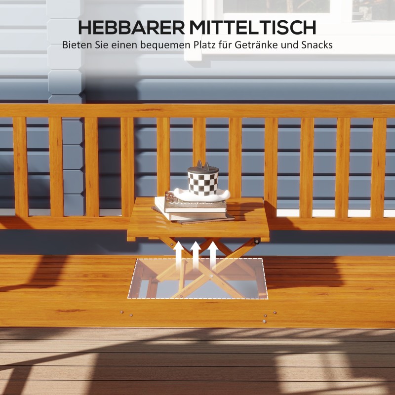 Ulkopenkki taitettavalla pöytätasolla, mäntypuu, 153 x 56 x 91 cm, vaaleanruskea