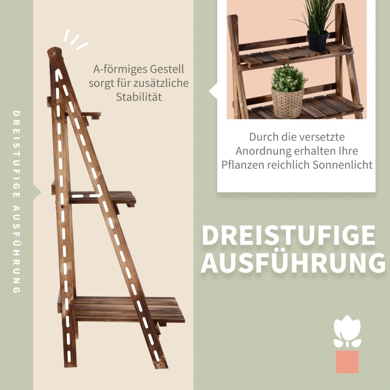 Kolmiportainen puinen kukkateline parvekkeelle, kuusipuu, 60 x 37 x 93 cm, tummanruskea