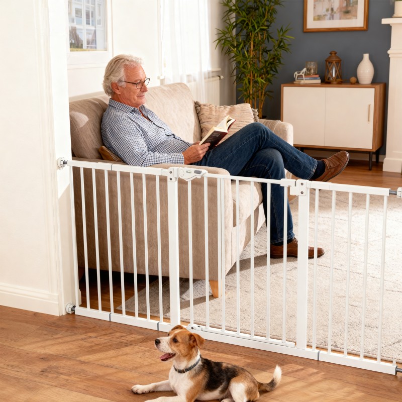 Koira- ja lemmikkiportti, metallinen turvaportti, puristuskiinnitys, jatkettava 136x76 cm, valkoinen