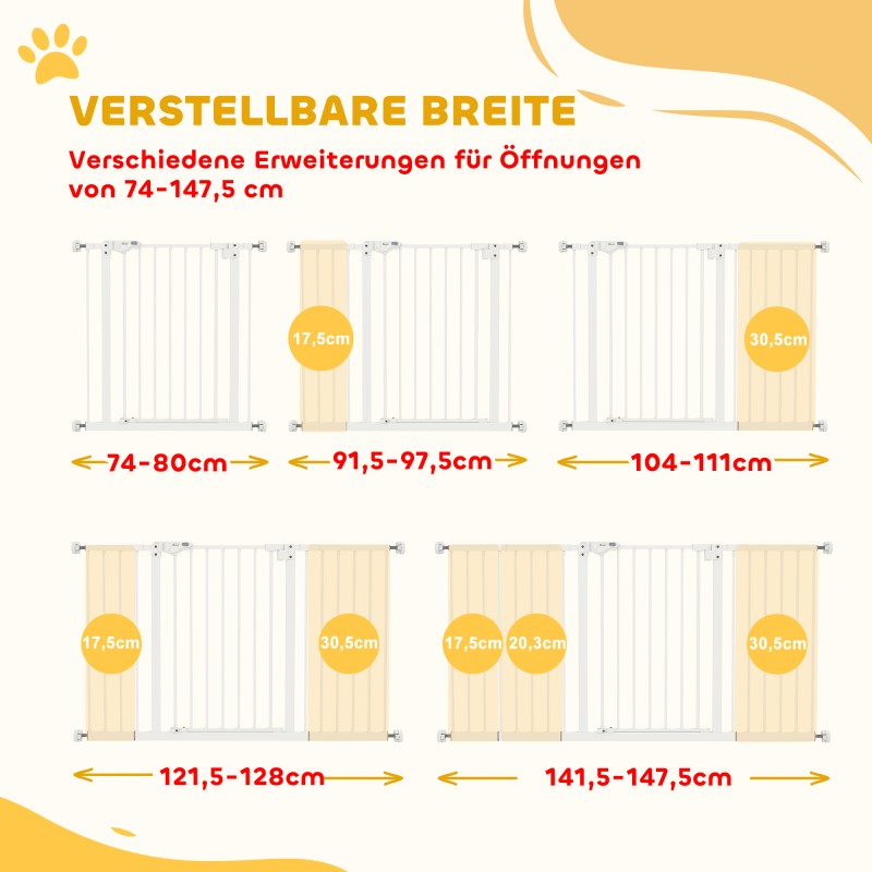 Koira- ja lemmikkiportti, metallinen turvaportti, puristuskiinnitys, jatkettava 136x76 cm, valkoinen