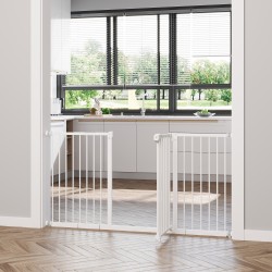 Koira- ja lemmikkiportti, metallinen turvaportti, puristuskiinnitys, jatkettava 136x76 cm, valkoinen