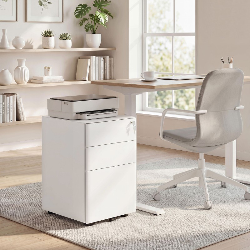 Rullalaatikosto toimistoon, terästä, 3 laatikkoa, lukittava, riippukansiotila, 39 x 48 x 59 cm, valkoinen