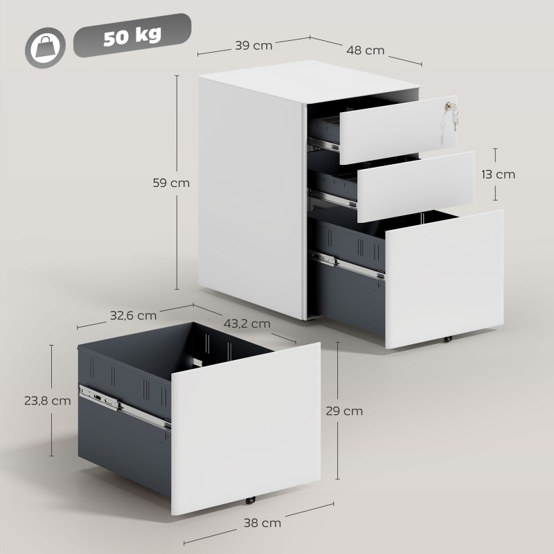 Rullalaatikosto toimistoon, terästä, 3 laatikkoa, lukittava, riippukansiotila, 39 x 48 x 59 cm, valkoinen