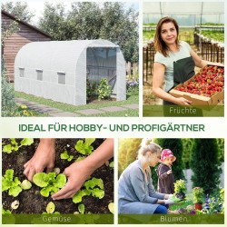 Kasvihuone metallirungolla 445 x 200 x 200 cm, PE-kate, valkoinen, käveltävä