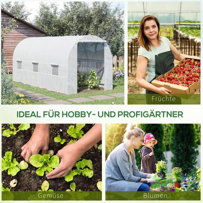 Kasvihuone metallirungolla 445 x 200 x 200 cm, PE-kate, valkoinen, käveltävä