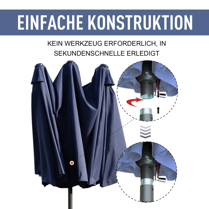 Kaksoisaurinkovarjo puutarhaan, terassille ja parvekkeelle, teräsrakenne 460 x 270 cm, sininen