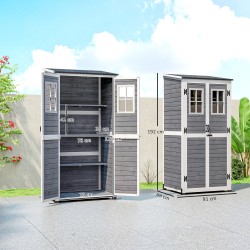 Puutarhavaja työkaluille, kuusipuu, 91 x 69 x 192 cm, 2 ikkunaa, vaalea harmaa