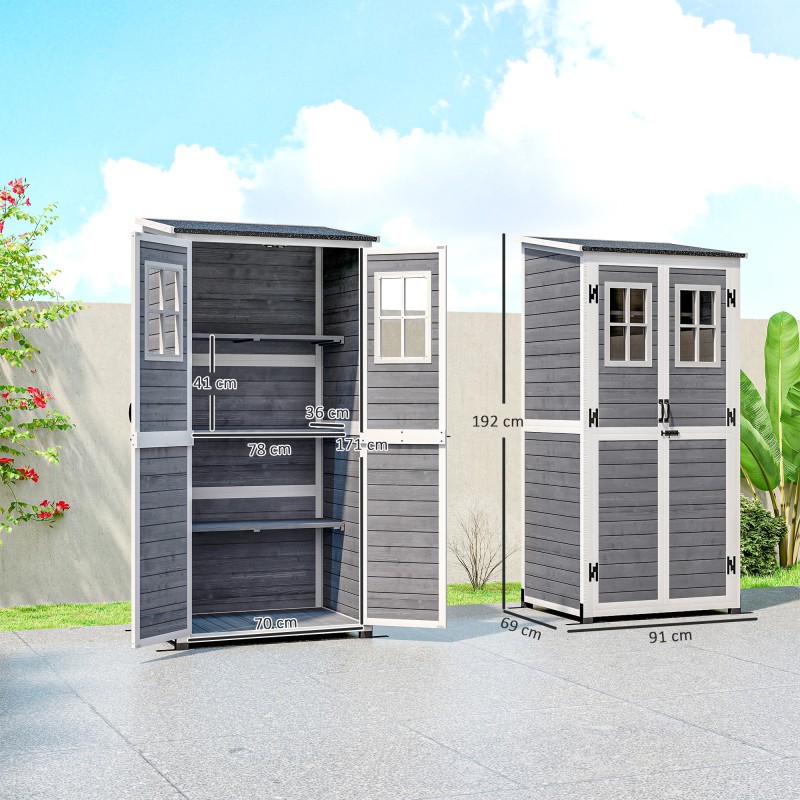 Puutarhavaja työkaluille, kuusipuu, 91 x 69 x 192 cm, 2 ikkunaa, vaalea harmaa