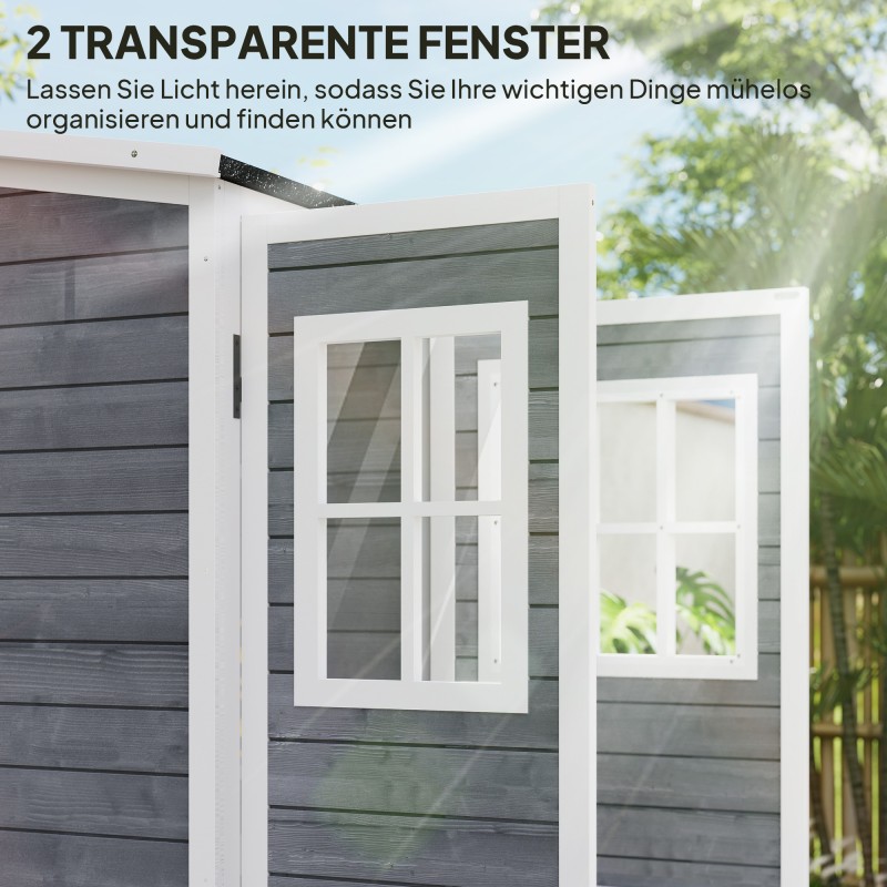 Puutarhavaja työkaluille, kuusipuu, 91 x 69 x 192 cm, 2 ikkunaa, vaalea harmaa