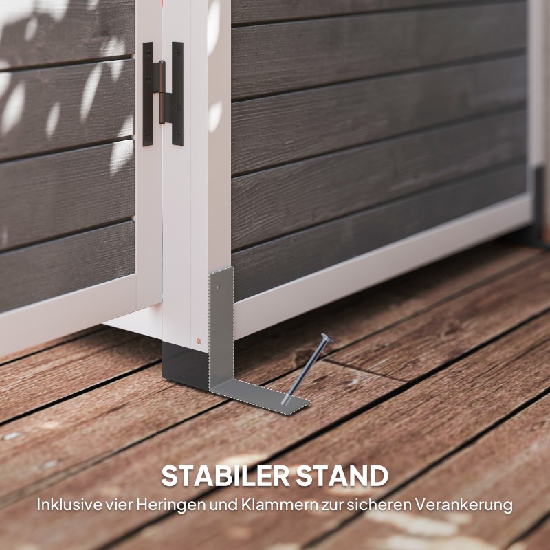 Puutarhavaja työkaluille, kuusipuu, 91 x 69 x 192 cm, 2 ikkunaa, vaalea harmaa