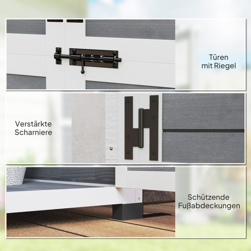 Puutarhavaja työkaluille, kuusipuu, 91 x 69 x 192 cm, 2 ikkunaa, vaalea harmaa