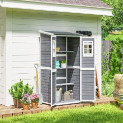 Puutarhavaja työkaluille, kuusipuu, 91 x 69 x 192 cm, 2 ikkunaa, vaalea harmaa