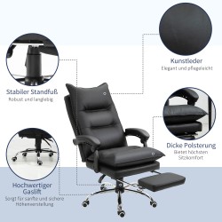 Ergonominen työtuoli jalkatuella ja käsinojilla, keinonahkaa, säädettävä, musta
