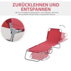 Aurinkotuoli ulkokäyttöön, taitettava, säädettävä selkänoja, metallirunko, 187 x 55 x 24 cm, viininpunainen