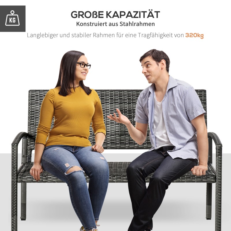 Puutarhapenkki 2 hengelle, polyrottinki ja teräsrunko, 122 x 60 x 87 cm, ruskea