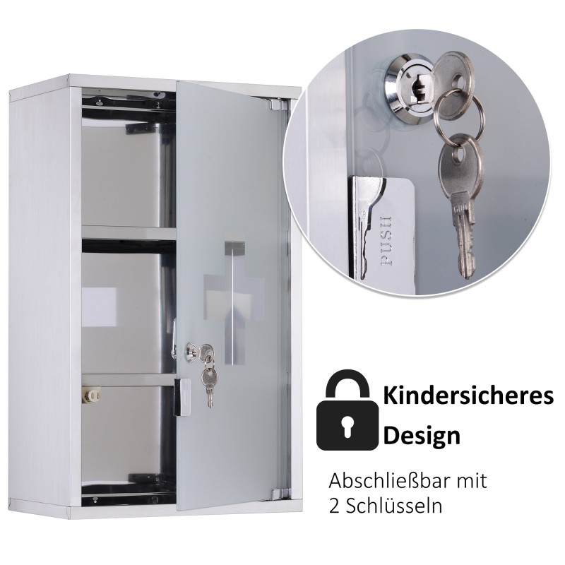 Lääkekaappi lukittava ruostumaton teräs ja lasi 3 hyllyä 30 x 18 x 50 cm