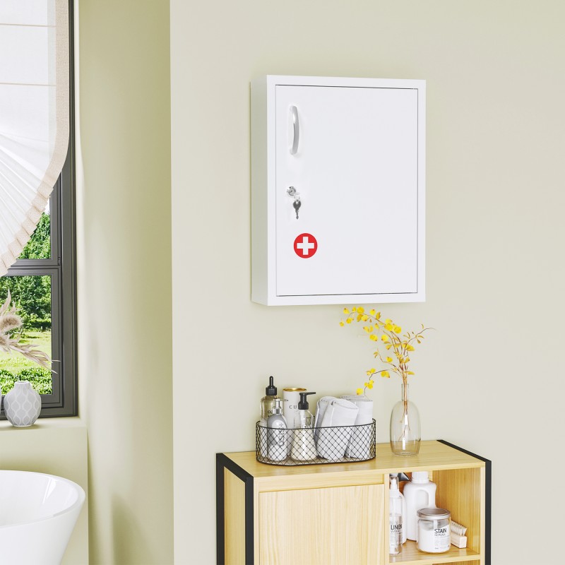 Lääkekaappi seinään kiinnitettävä teräs 3 hyllyä lukittava 40 x 15 x 53,5 cm valkoinen