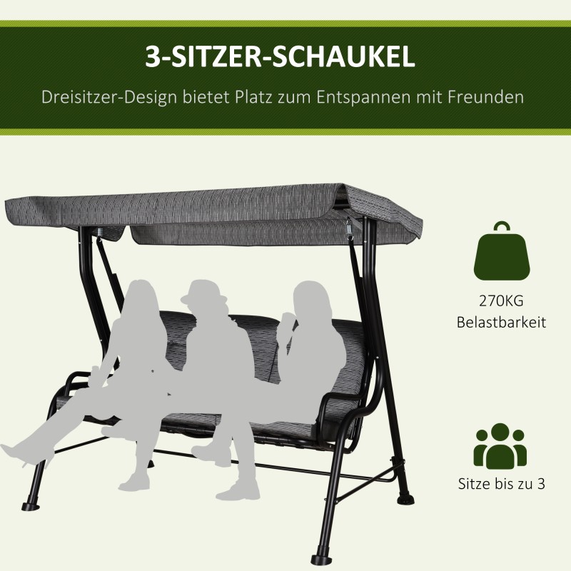 Puutarhakeinu 3-hengen, teräsrunko, säädettävä aurinkokatos, Texteline-harmaa, 200 x 120 x 170 cm