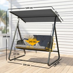 Puutarhakeinu 2 hengen rattan, teräsrunko A-malli, säädettävä aurinkokatos, tummanharmaa