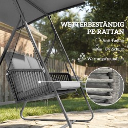 Puutarhakeinu 2 hengen rattan, teräsrunko A-malli, säädettävä aurinkokatos, tummanharmaa