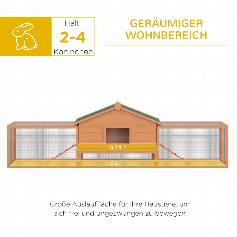 Pieneläinaitaus marsuille ja kääpiökaneille, kuusipuu, 2 tasoa ja 2 ulkoiluosaa, 309 x 79 x 86 cm, luonnonpuu/vihreä