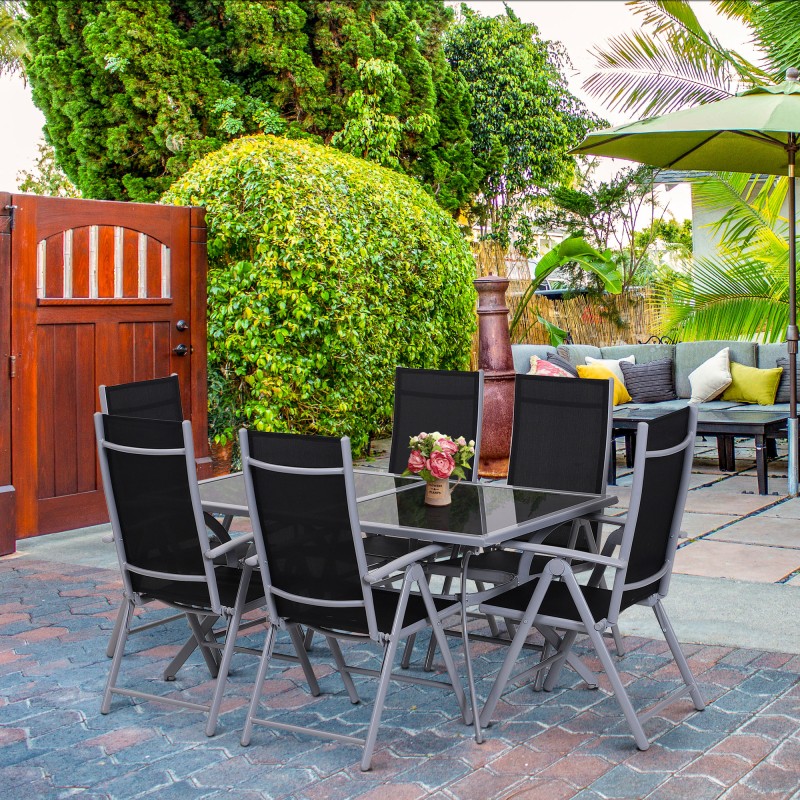Ulkoruokailuryhmä 6 hengelle, 7-osainen, alumiini ja turvalasi, taittuvat säätötuolit, musta/hopea