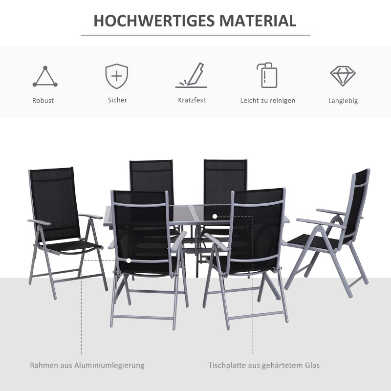 Ulkoruokailuryhmä 6 hengelle, 7-osainen, alumiini ja turvalasi, taittuvat säätötuolit, musta/hopea