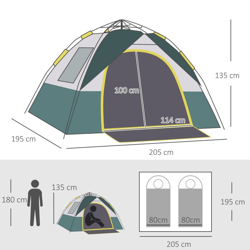 3 hengen pop up kupoliteltta campingiin, 205 x 195 x 135 cm, 1000 mm vesipilari, oliivinvihreä