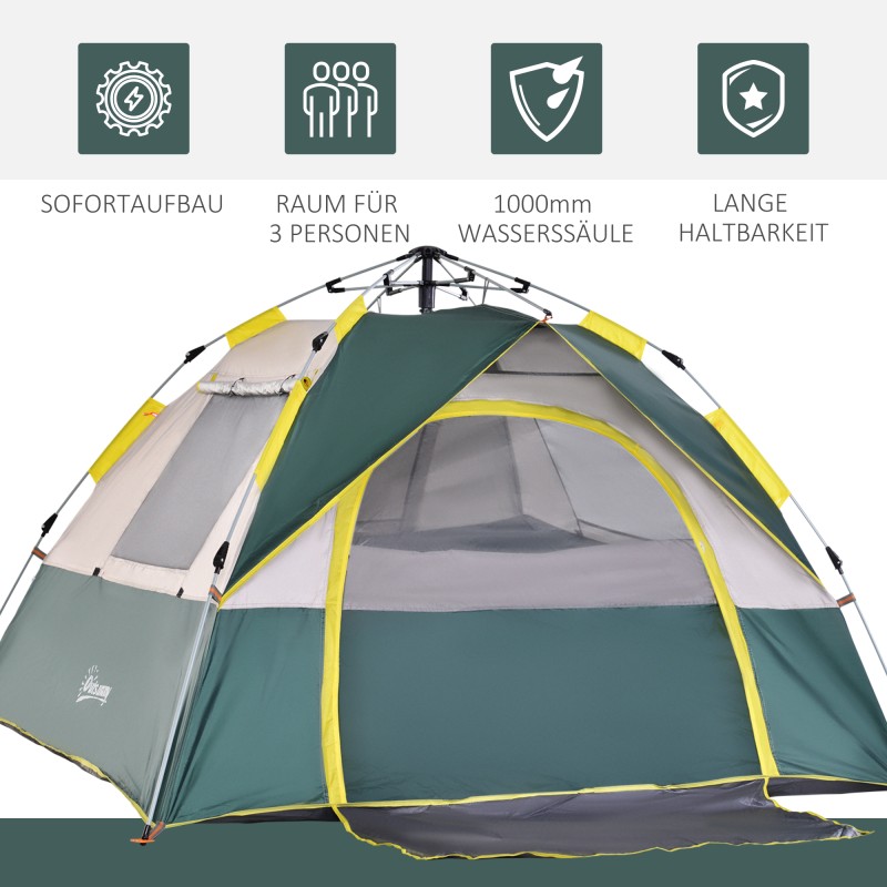3 hengen pop up kupoliteltta campingiin, 205 x 195 x 135 cm, 1000 mm vesipilari, oliivinvihreä