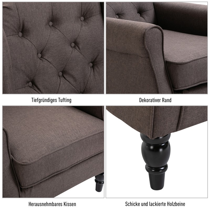 Nojatuoli korkealla selkänojalla, pehmustettu, puujalat, maksimikuormitus 160 kg, ruskea