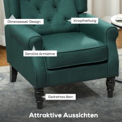 Korvatuoli olohuoneeseen, paksu pehmuste, puurunko, irrotettava päällinen, 74 x 86 x 102 cm, tummanvihreä