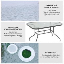 Puutarhapöytä aurinkovarjolle, metalli ja karkaistu lasi, 120 x 80 x 70 cm, tummanharmaa