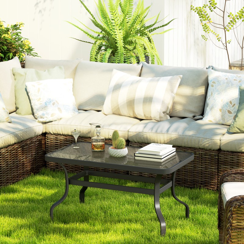 Sohvapöytä ulkokäyttöön karkaistu lasi ja metallirunko 95 x 55 x 46 cm musta