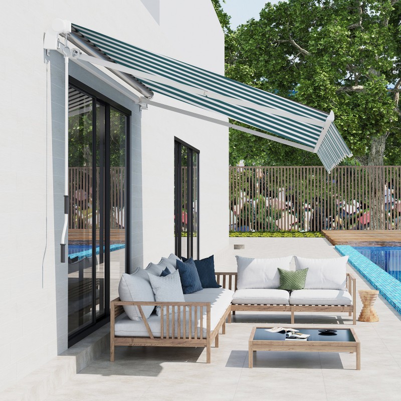 Terassimarkiisi käsikäyttöinen alumiini 395x245 cm valkoinen-vihreä