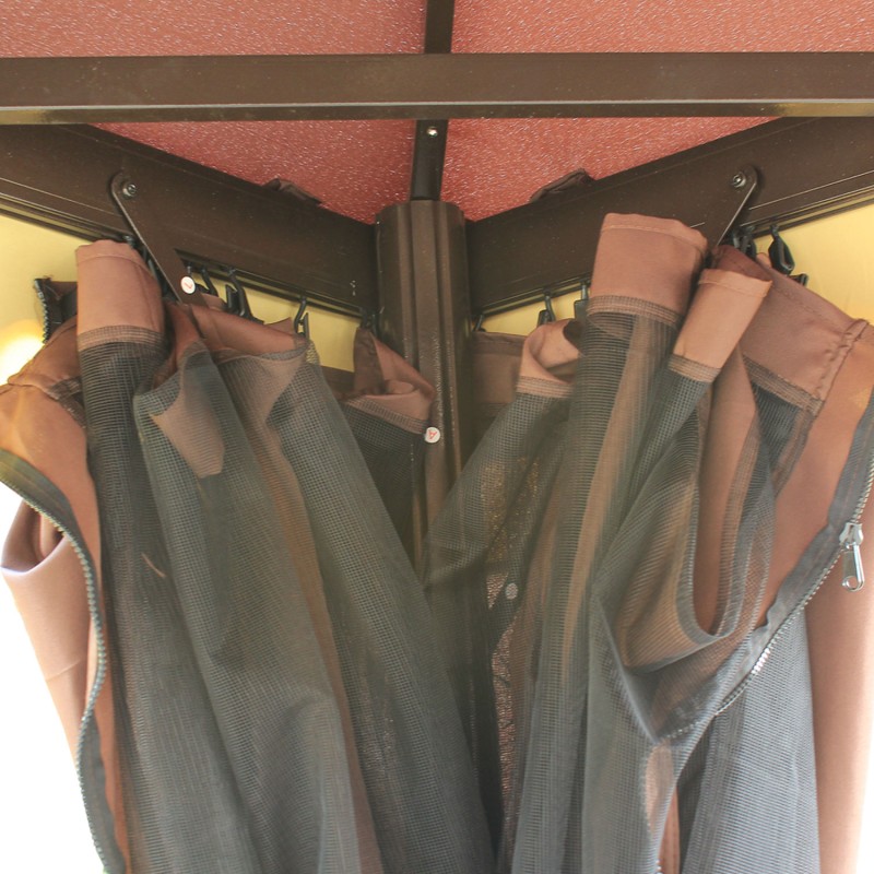 Puutarhapaviljonki ulkokäyttöön alumiinirunko 390 x 290 cm kahvinruskea/musta, sivuverhot ja hyttysverkko