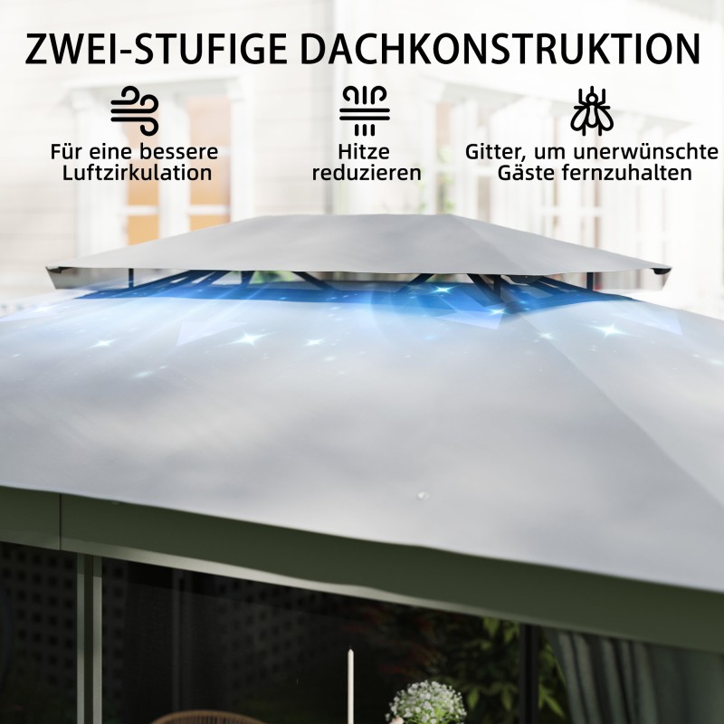 Puutarhapaviljonki metallia 3,8 x 3 m, kaksikerroksinen katto, verhot ja hyttysverkko, tummanharmaa