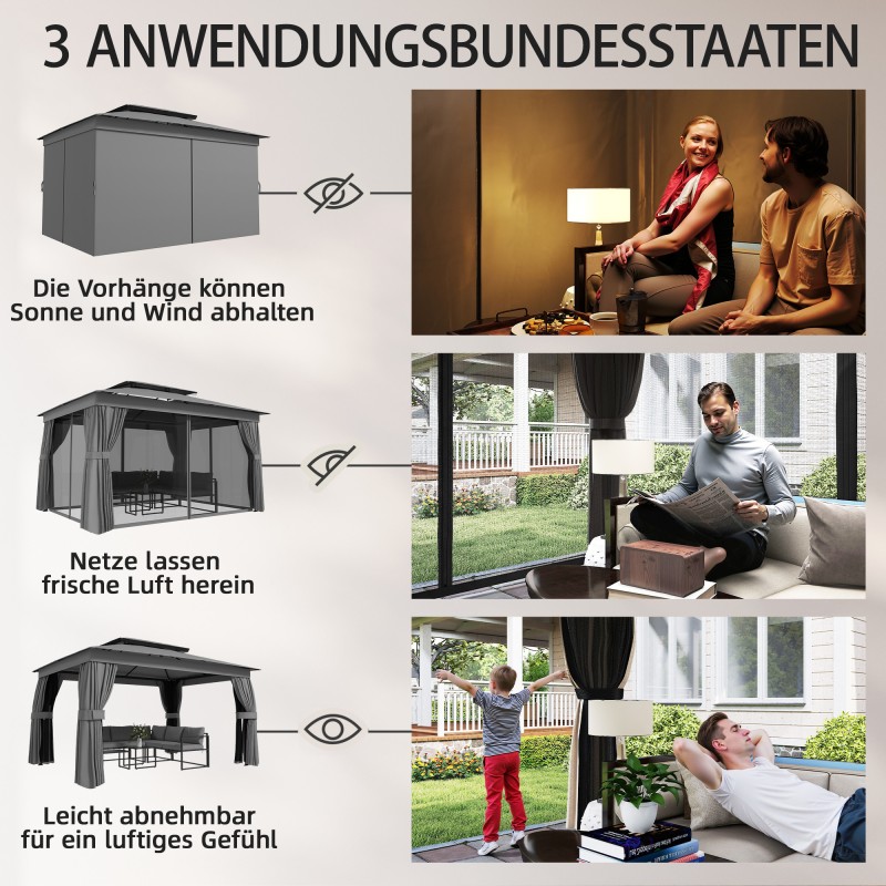 Puutarhapaviljonki metallia 3,8 x 3 m, kaksikerroksinen katto, verhot ja hyttysverkko, tummanharmaa