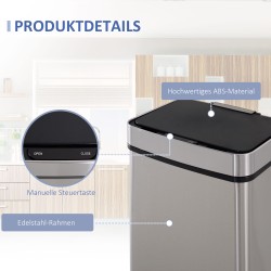 Sensoritoiminen jätevaunu 72 l, 3-osainen, ruostumaton teräs, hopea, keittiöön