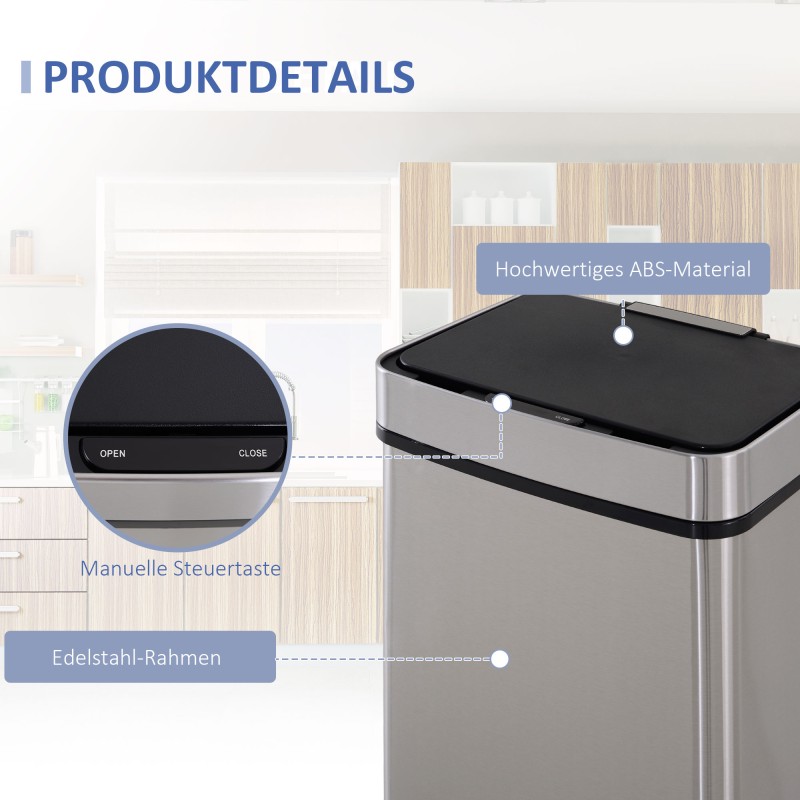 Sensoritoiminen jätevaunu 72 l, 3-osainen, ruostumaton teräs, hopea, keittiöön