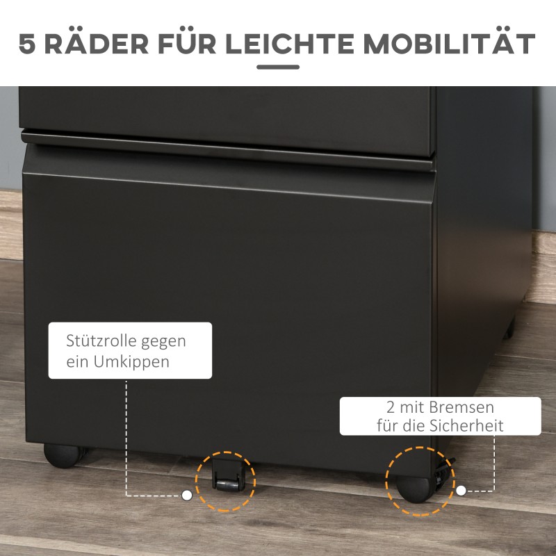 Laatikostopyörästö toimistoon, 3 laatikkoa, teräs, lukittava, ripustuskansiokisko, 39 x 48 x 60 cm, musta