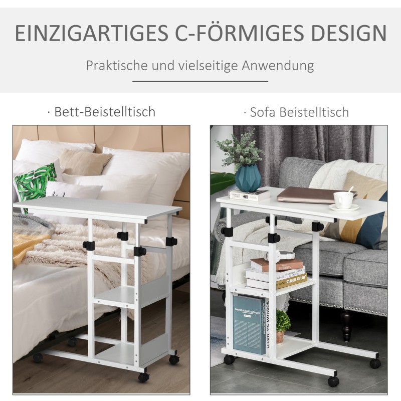 Sivupöytä pyörillä ja hyllyillä, säädettävä korkeus 72–82 cm, 80 x 40 cm, valkoinen, metalli/levy