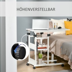 Sivupöytä pyörillä ja hyllyillä, säädettävä korkeus 72–82 cm, 80 x 40 cm, valkoinen, metalli/levy